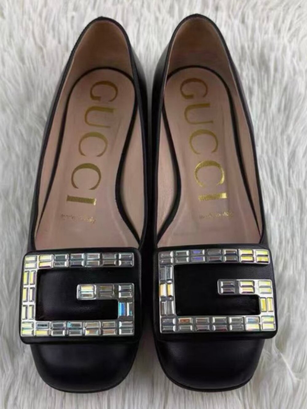 Gucci Black Leather Crystal Square Buckle Ballet Flats